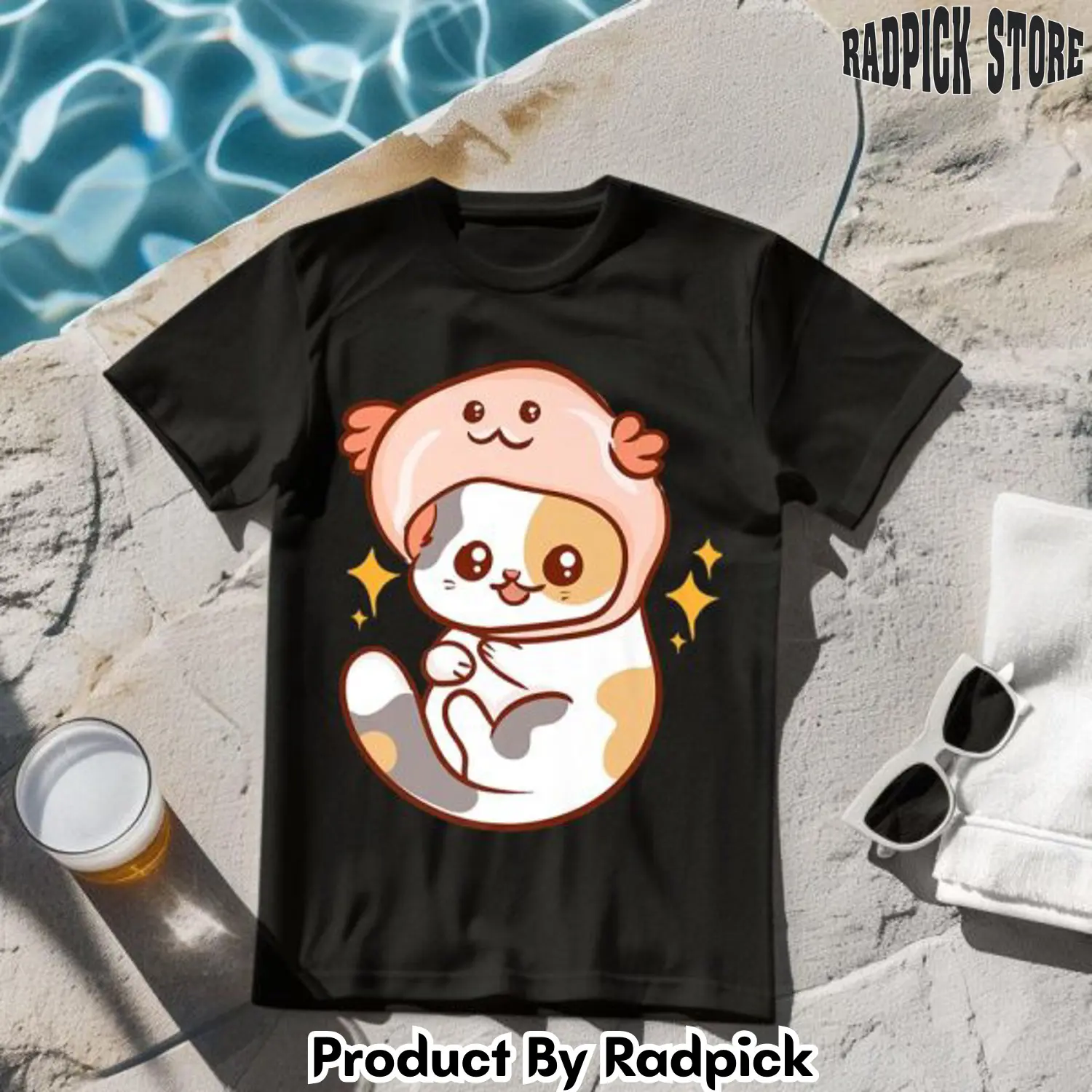 Kawaii anime cat with axolotl hat tshirt rp2631774